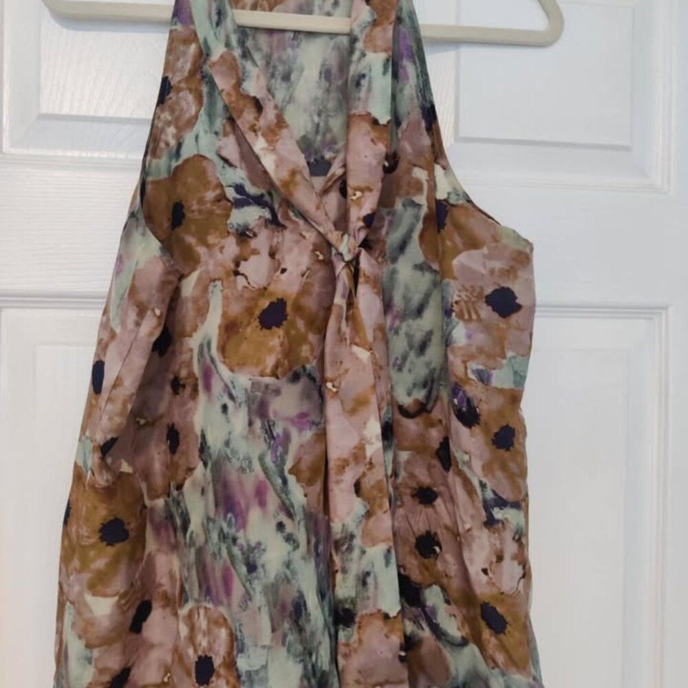 Theory Silk Olethia Marble  F Medium Tie Neck Watercolor Top Blouse Shirt